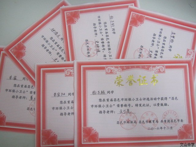 我校初中部六名同学获得“昌邑市环保小卫士”荣誉称号