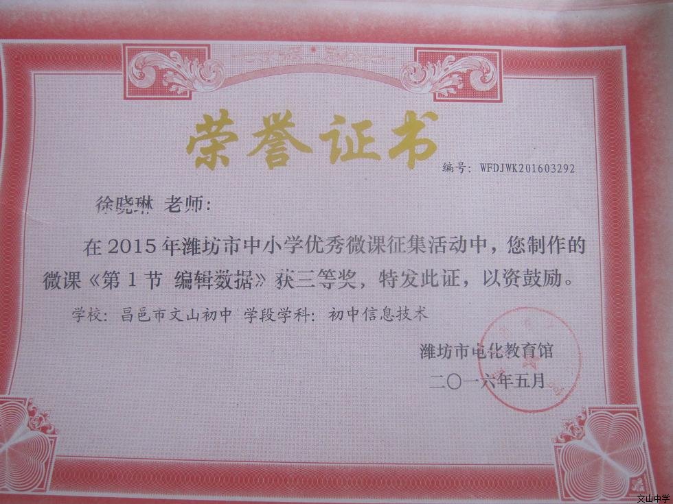 我校六名教师在2015年潍坊市中小学优秀微课征集活动中获奖