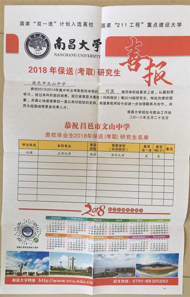 南昌大学发来喜报