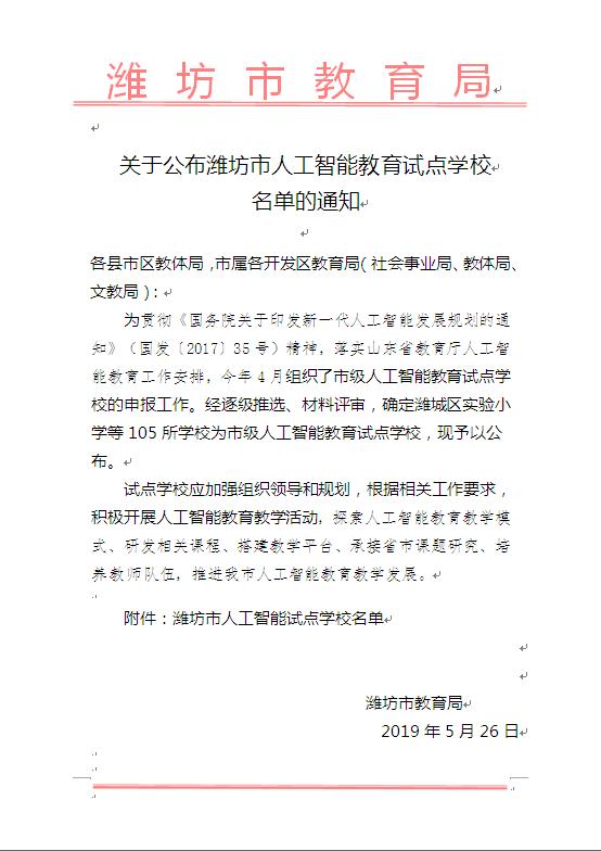 我校被潍坊市评为人工智能教育试点学校