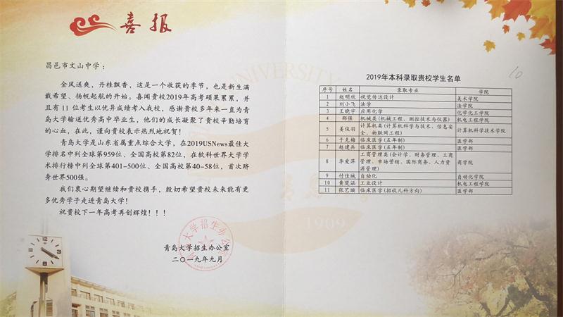 青岛大学发来喜报